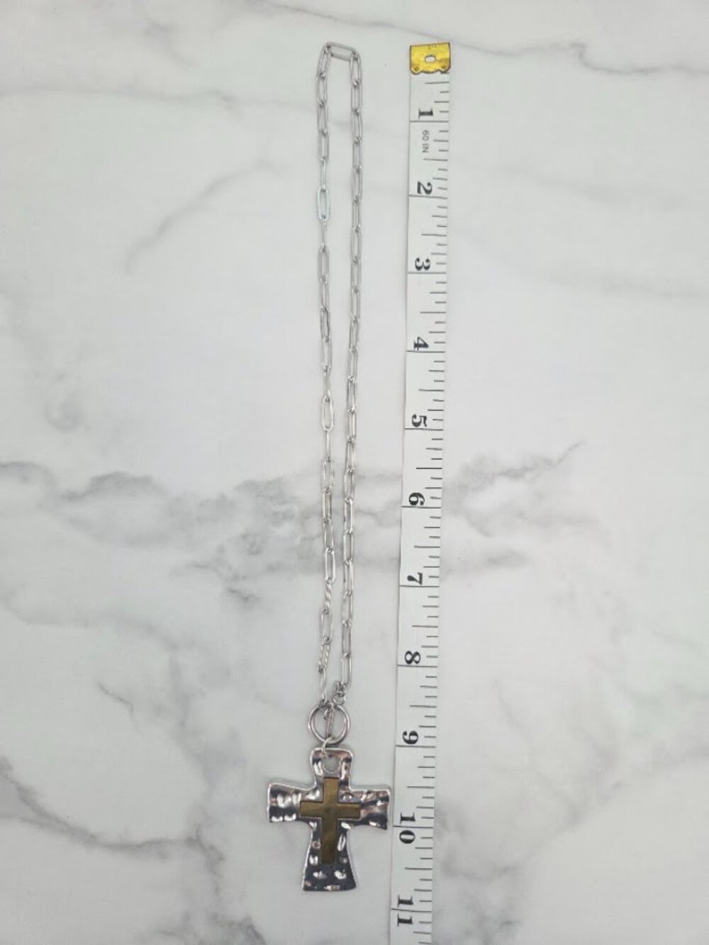 Two Tone Hammered Silver Gold Cross Pendant Paperclip Chain Toggle Necklace - Picture 14 of 15